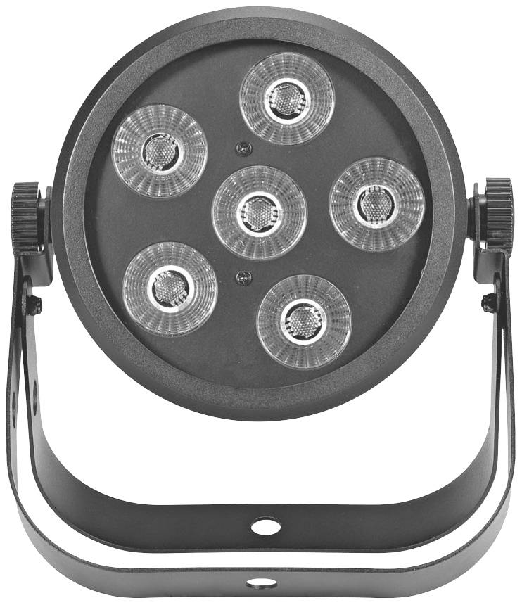 Schwarzer LED-Scheinwerfer mit sieben runden Leuchten, montiert auf einem verstellbaren Metallhalter, frontal abgebildet.