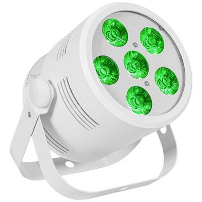 Ein weißer LED-Scheinwerfer mit sechs leuchtend grünen Lichtern, auf einem verstellbaren Ständer montiert, zur Bühnenbeleuchtung.
