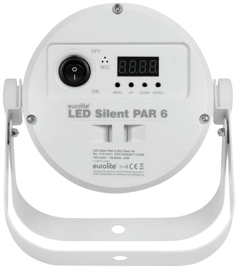 Rückseite eines Eurolite LED Silent PAR 6 Lichts mit Steuerknöpfen und Display zur Einstellung von Lichtmodi und Helligkeit.