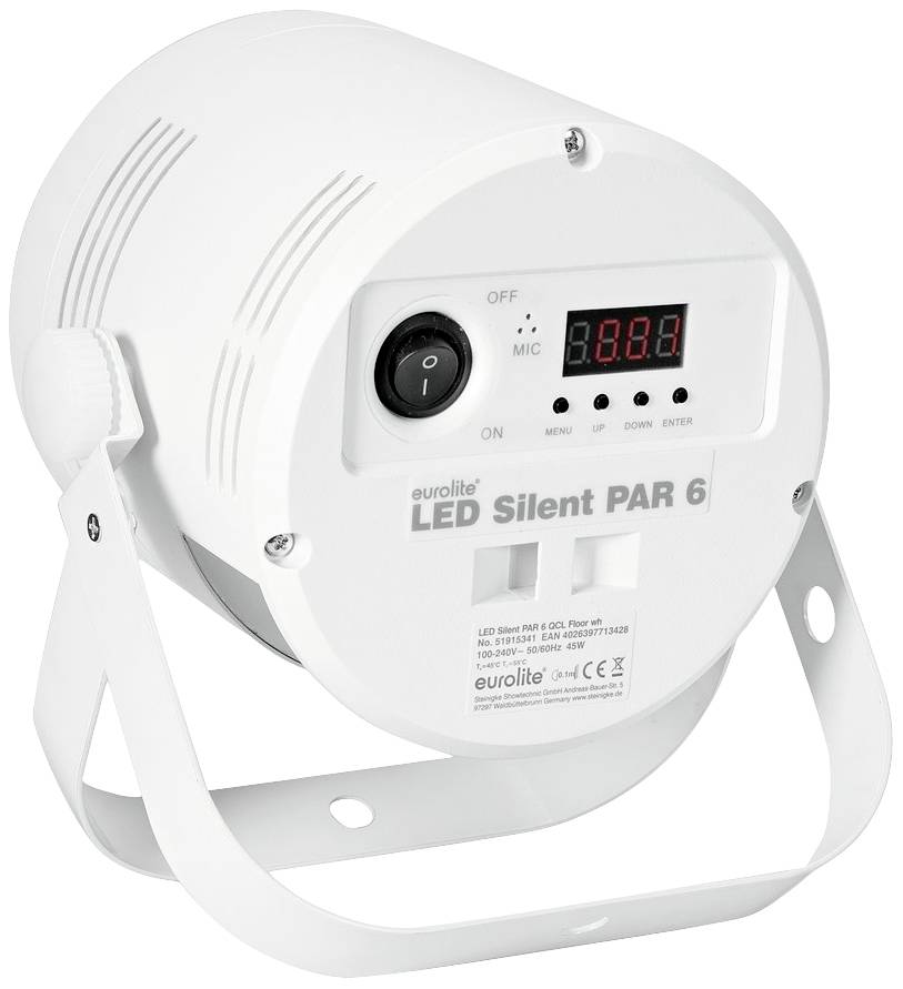 Ein weißer LED-Scheinwerfer mit digitalem Display, ein-/ausschaltbarem Schalter und Mikrophon. Geeignet für Beleuchtungseffekte.