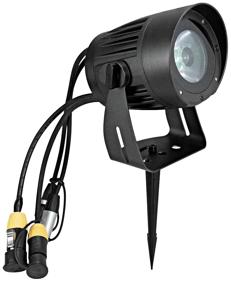Schwarzer LED-Scheinwerfer mit Erdspieß und Anschlüssen, geeignet für Außenbeleuchtung. Ideal für Garten- oder Wegbeleuchtung.