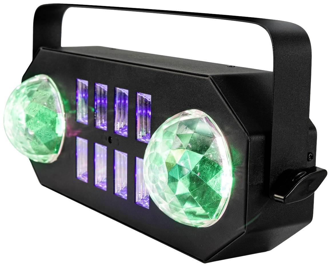 Schwarzer LED-Lichteffekt mit zwei kristallinen, grün leuchtenden Kugeln und mehreren violetten Quadraten, geeignet für Partys.