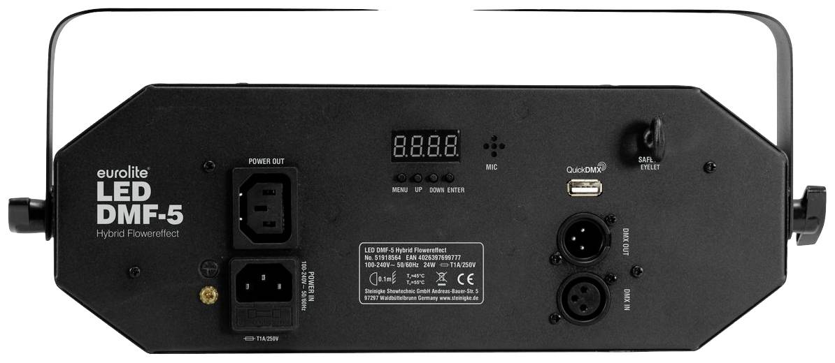 'Rückseite eines Eurolite LED DMF-5 Hybrid Powerfires mit Anschlüssen, Knöpfen und Digitalanzeige. Anschlussmöglichkeiten: Strom, XLR.'