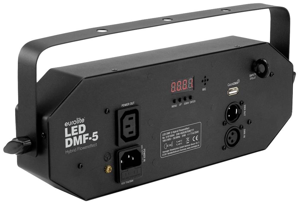 Rückansicht einer schwarzen LED-Lichteinheit mit Anschlüssen und Schaltern, Modell 'Eurolite LED DMF-5'. Gerät zur Lichteffektnutzung.