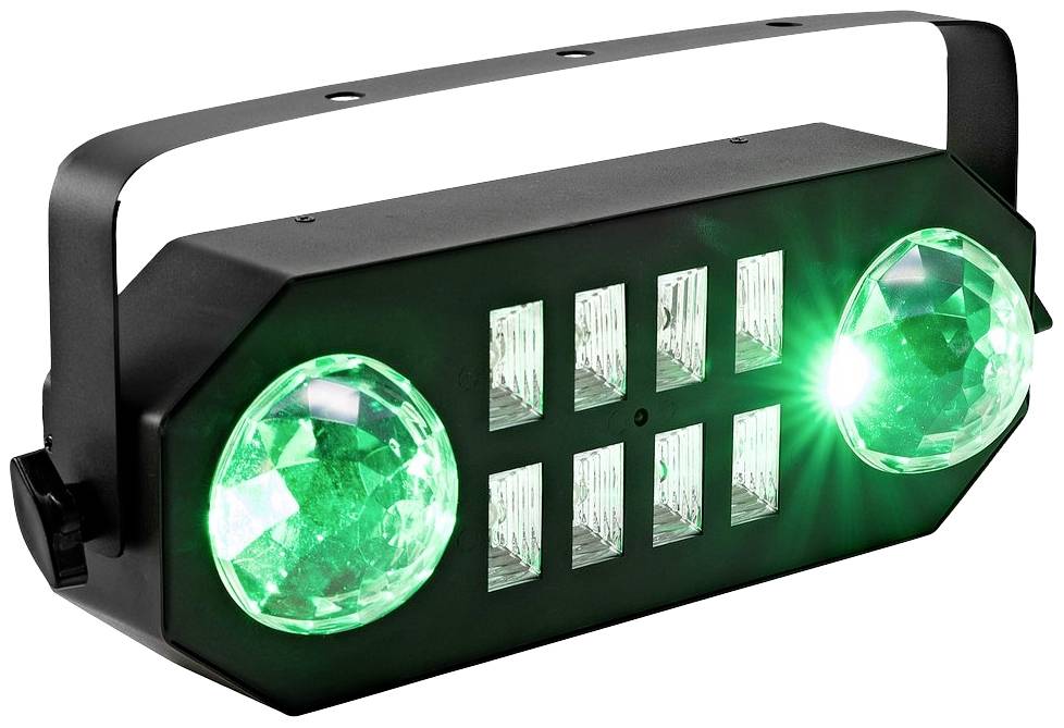 Schwarzer Disco-Lichteffekt, zwei grüne LED-Spots mit facettierten Linsen auf beiden Seiten, kleinere LEDs in der Mitte.