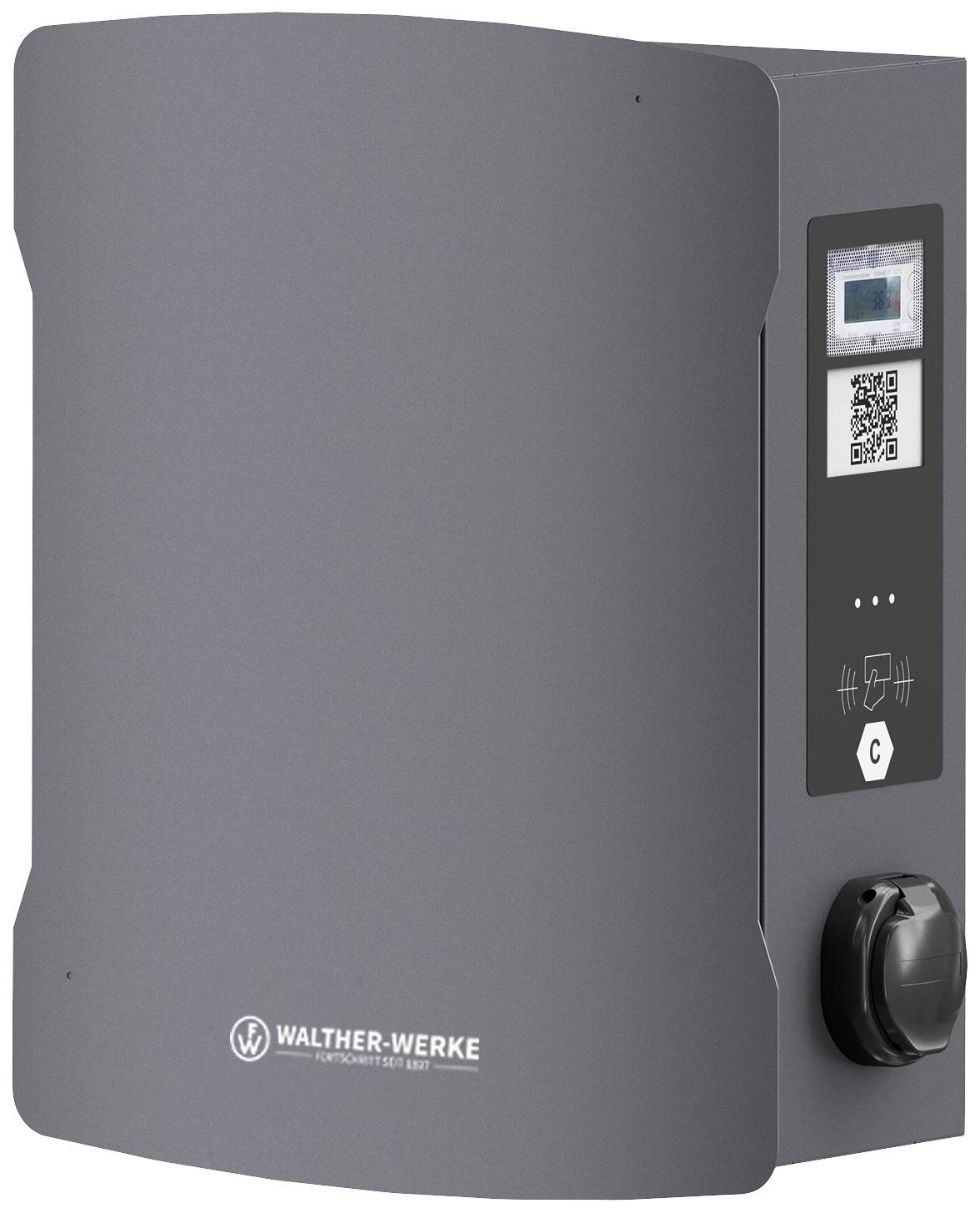 Die Abbildung zeigt eine schwarze Wallbox von Walther-Werke mit einem QR-Code und Display auf der rechten Seite.