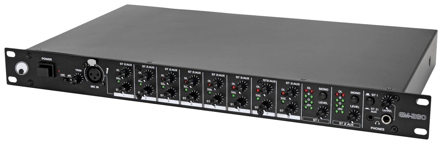 Audiomischpult mit mehreren Kanälen und Bedienelementen zur Lautstärkeregelung. Vorderseite zeigt Anschlüsse, Knöpfe und LED-Anzeigen.