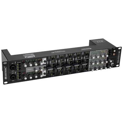 'Ein 5-Kanal-Rackmixer mit verschiedenen Reglern, Schaltern und LED-Anzeigen. Geeignet für die Audiomischung in Live-Umgebungen.'