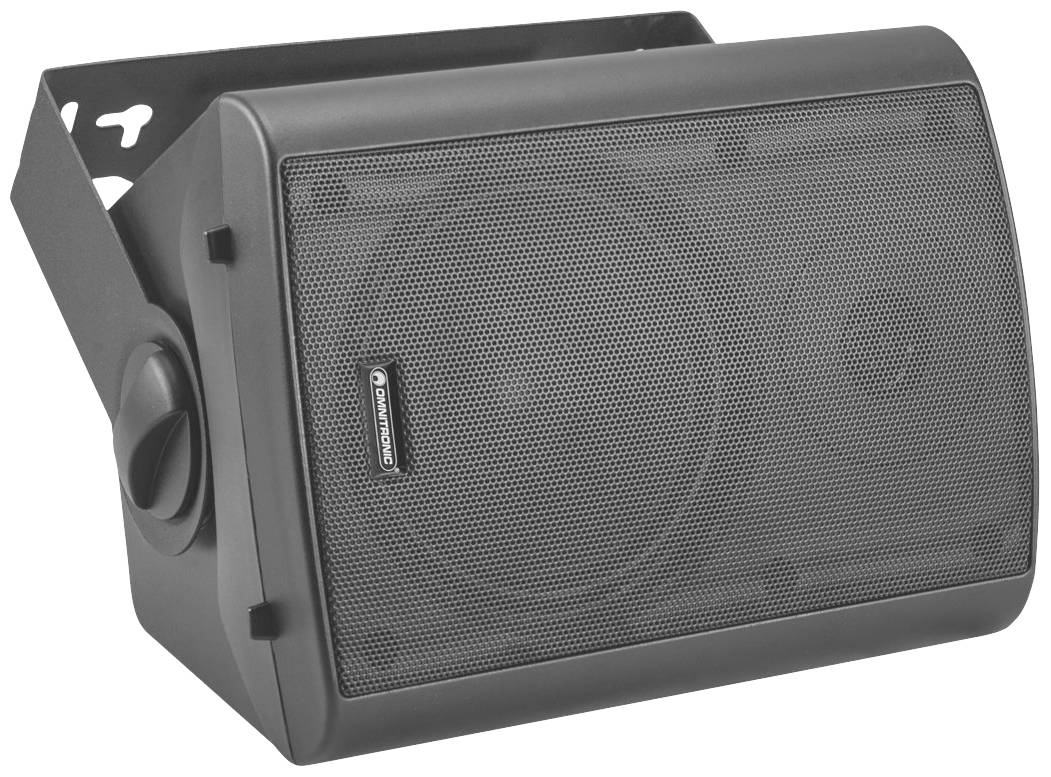 Schwarzer Lautsprecher in schräger Montagehalterung, frontal gesehen. Geeignet für Wand- oder Deckenmontage.