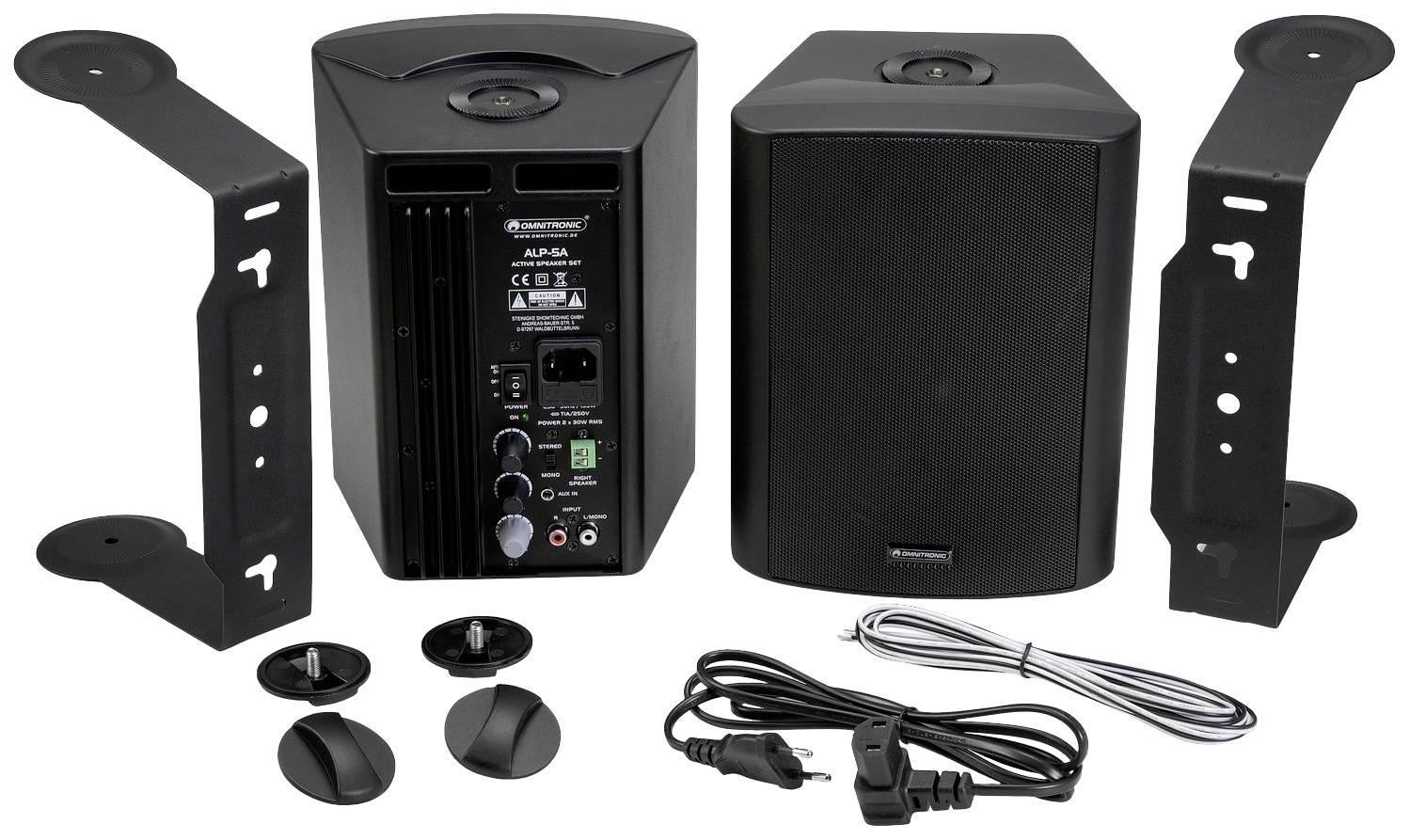 Zwei schwarze Lautsprecher, einer zeigt die Vorderseite, der andere die Rückseite mit Anschlüssen. Zwei Halterungen, Schraubzubehör und zwei Kabel sind ebenfalls abgebildet.