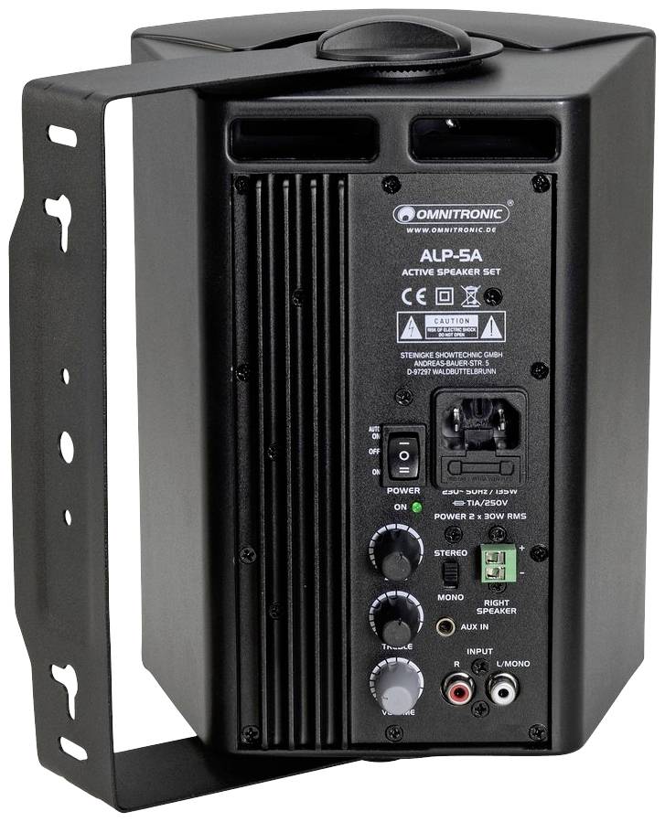 'Sicht von hinten eines aktiven Lautsprechers, Modell Omnitronic ALP-5A, mit Bedienungselementen, Anschlüssen und Lautstärkereglern.'