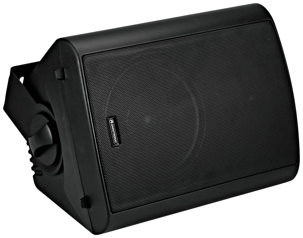 Ein schwarzer Lautsprecher mit rechteckigem Gehäuse und Gitterabdeckung, zur Wandmontage geeignet, leicht schräge Position.