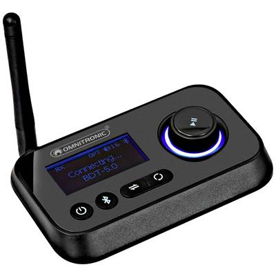 Schwarzes Audiogerät mit Display, das 'Connecting... BDT-5.0' anzeigt. Drehknopf mit blauer Beleuchtung und Antenne links.