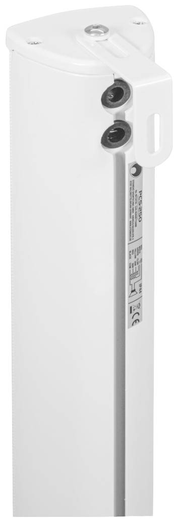 Weißer elektrischer Vorhangmotor mit zwei Anschlussbuchsen, rechteckiger Form und Etikett mit technischen Informationen.