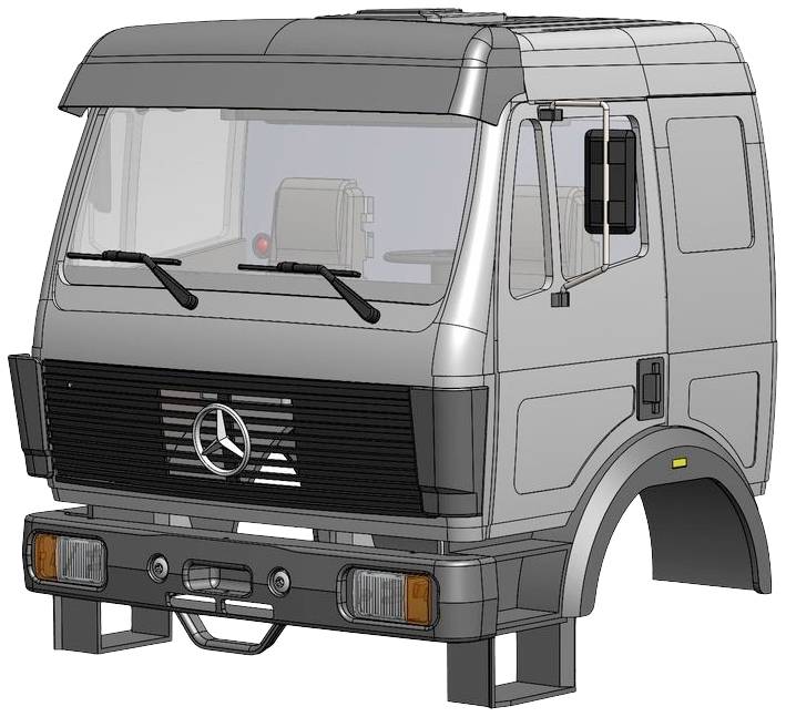 Lkw-Modellansicht zeigt die Vorderseite eines Lastwagens mit Mercedes-Logo. Detaillierte Darstellung von Kabine und Lichtern.