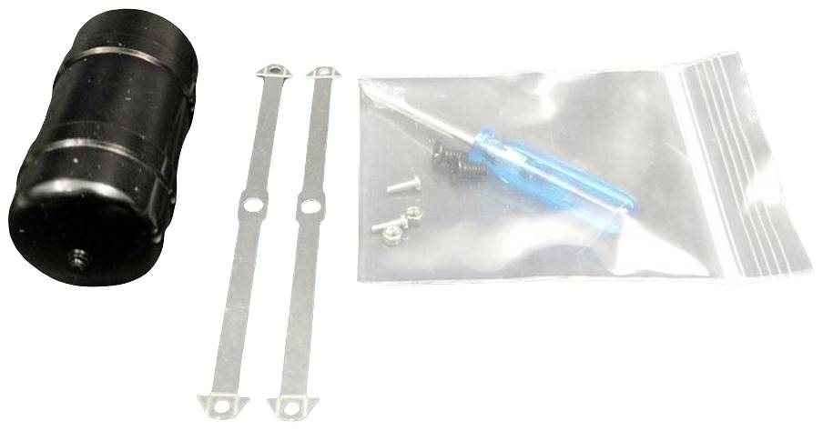 Ein schwarzer Zylinder, zwei Metallstreifen und ein kleiner Schraubendreher mit Schrauben in einer Plastiktüte.