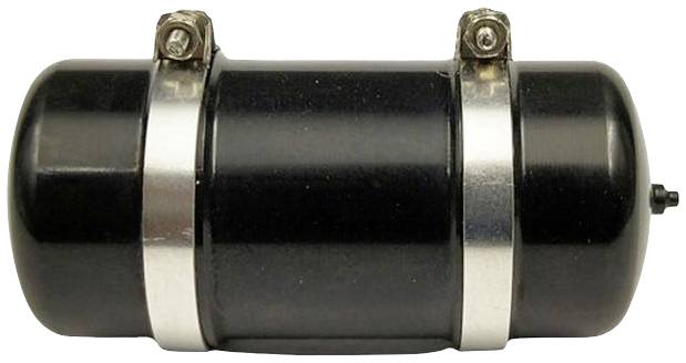 Ein schwarzer Zylinder mit zwei Metallklammern befestigt, möglicherweise ein elektrischer Kondensator oder ein Behälter.