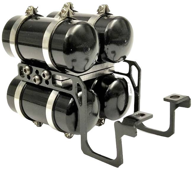 Ein kompaktes Set von vier schwarzen, zylinderförmigen Behältern, befestigt mit Metallbändern, möglicherweise Teil eines Maschinen- oder Fahrzeugbauteils.