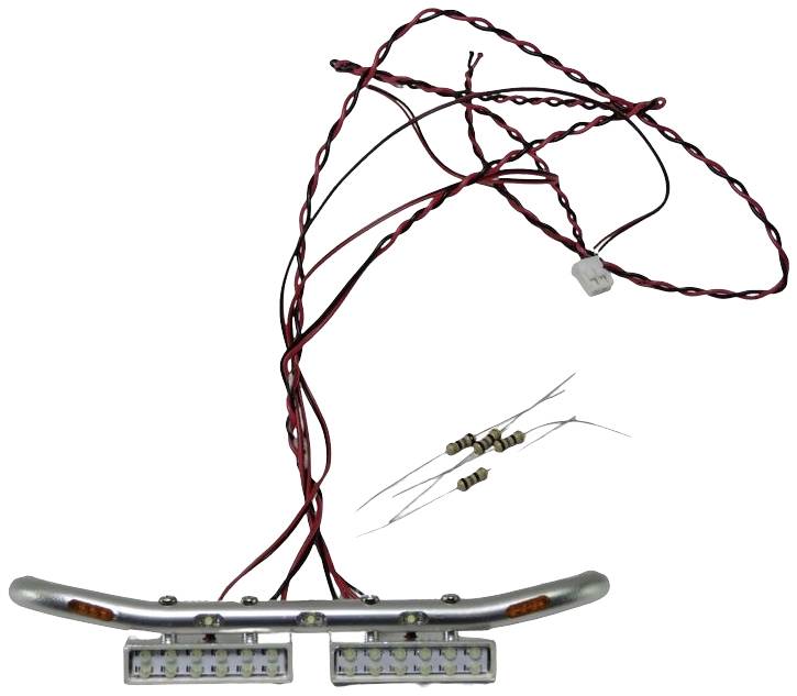 Ein Modellauto-Frontstoßfänger mit integrierten LED-Leuchten, roten und schwarzen Kabeln und losen Widerständen.