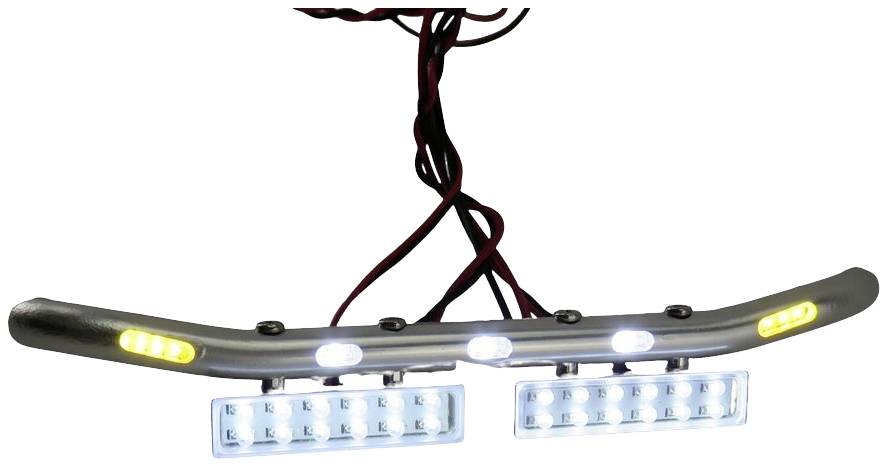 Zwei LED-Lichtleisten mit weißen und gelben Lichtern, an einem Metallrahmen befestigt, mit sichtbaren Kabeln.
