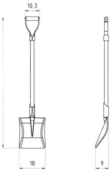 Technische Zeichnung einer Schaufel mit Seiten- und Frontalansicht. Maße: 10,3 cm Griffbreite, 18 cm Schaufelbreite, 9 cm Gesamthöhe.