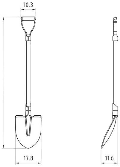 Abbildung einer Schaufel mit Maßen: Gesamtlänge 17,8 cm, Breite des Griffs 10,3 cm, Seitenansicht zeigt Breite 11,6 cm.