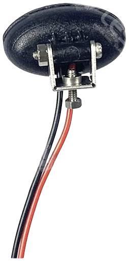 Ein ovaler Piezo-Tonabnehmer mit Metallhalterung und zwei angelöteten Drähten (rot und schwarz), zur Tonverstärkung in Musikinstrumenten.