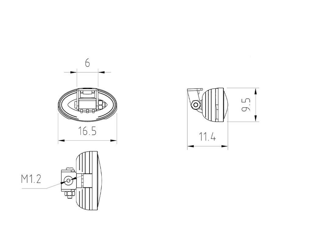 Technische Zeichnung eines ovalen Bauteils mit Maßen: 16,5 cm Breite, 9,5 cm Höhe, 11,4 cm Tiefe, M1.2 Schrauben.