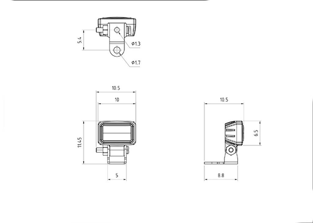 Technische Zeichnung einer rechteckigen LED-Leuchte mit Abmessungen: Höhe 11,5 cm, Breite 10,5 cm, Tiefe 8,8 cm. Verschiedene Ansichten.