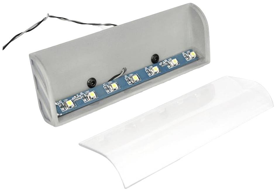 Ein geöffnetes Gehäuse mit sichtbaren LED-Leuchten auf einer Platine und einem abnehmbaren klaren Kunststoffdeckel.