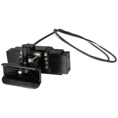 Ein elektrischer Türöffner mit Kabel für Fernauslösung. Schwarzes Gehäuse mit Hebelmechanismus. Geeignet für Sicherheitssysteme.