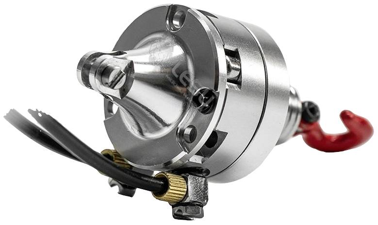 Ein silberner Motor mit rotem Haken und schwarzen Kabeln, der für Modellbauanwendungen verwendet wird.