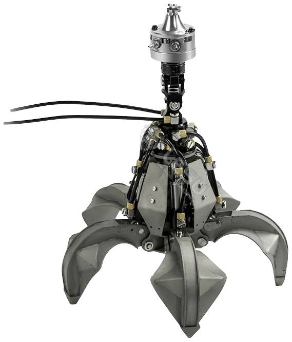 Industrieroboter-Greifarm mit mehreren Greifklauen und einem zentralen mechanischen Gelenk, verwendet für präzises Heben schwerer Objekte.