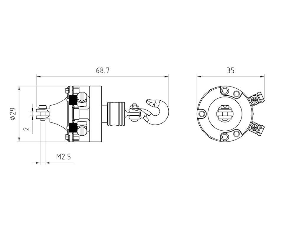 Technische Zeichnung eines Hakens mit Maßen: Länge 68,7 mm, Durchmesser 29 mm. Seiten- und Draufsicht mit Schraubenanschlüssen.