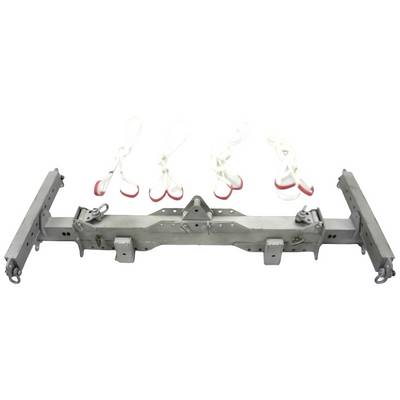 Ein Metallträgersystem mit Haken und Gurten, wahrscheinlich für den Transport oder die Befestigung von Lasten.