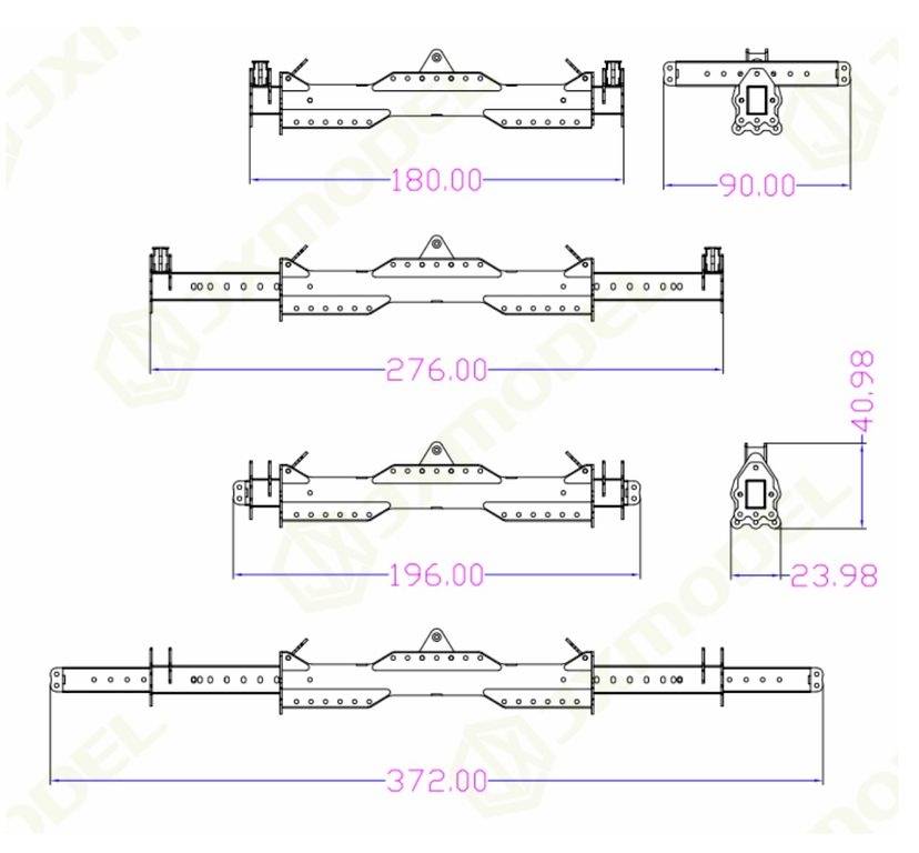 Technische Zeichnung von drei Metallaufhängungen mit spezifischen Maßen: 180, 276, 196 und 372 mm. Komplexe Struktur und Details der Befestigungspunkte sind markiert.