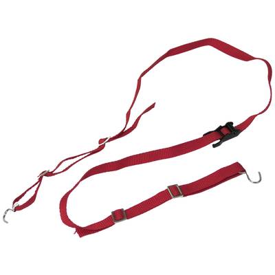 Rotes elastisches Gepäckband mit Haken und Schnallen, zum Sichern von Gegenständen, verstellbar für flexible Anwendung.