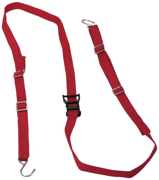 Roter Gurt mit Haken und Schnallen, wahrscheinlich als Riemen zur Befestigung oder Sicherung gedacht.