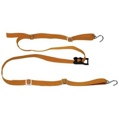 Ein orangefarbener Spanngurt mit Haken und Schnalle, verwendet zum Sichern von Gegenständen, auf weißem Hintergrund.
