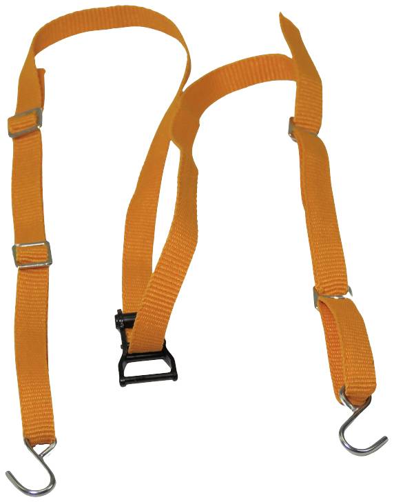 Ein orangefarbener Spanngurt mit Haken und Schnalle, verwendet zur Sicherung von Objekten.