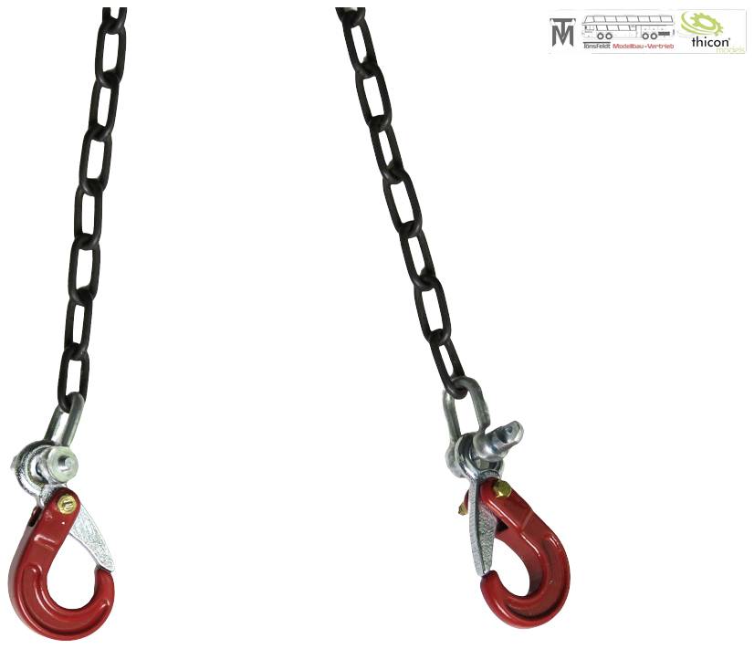 Zwei rote Haken an Ketten hängen von oben herab. Es handelt sich um Hebevorrichtungen wahrscheinlich zum Sichern oder Transportieren.