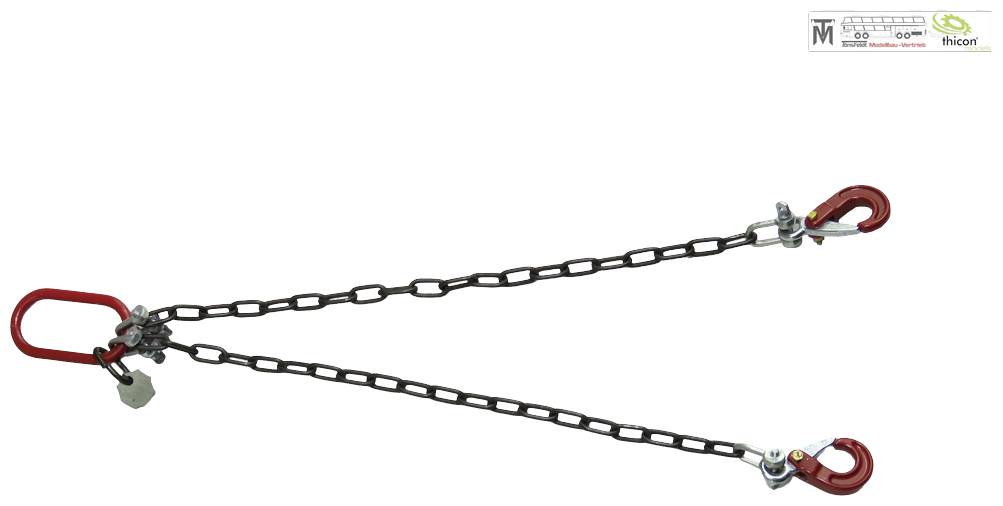 Ein Kettengehänge mit zwei Haken und einem Griff, das zum Heben schwerer Lasten genutzt wird. Oben rechts sind Logos abgebildet.