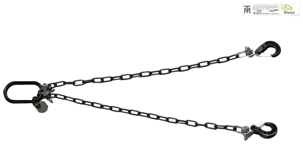 Kettenstrang mit Haken und Öse für Hebezwecke, auf weißem Hintergrund gezeigt.