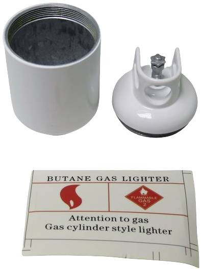 Zylinderförmiger Butangasfeuerzeugbehälter mit abnehmbarem Deckel. Warnhinweis: 'Attention to gas. Gas cylinder style lighter.'