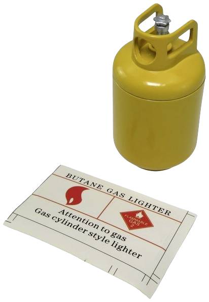 Gelber Butangasbehälter, daneben Warnhinweis: 'Achtung Gas; Gaskartuschen-Feuerzeug'.