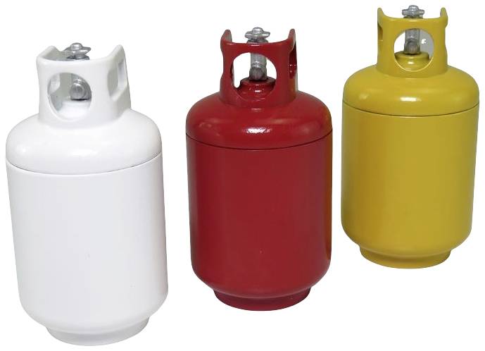 Drei Gasflaschen in Weiß, Rot und Gelb stehen nebeneinander.