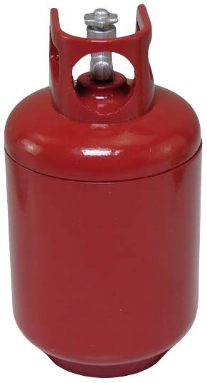 Ein roter Gaszylinder mit Ventil oben, stehend auf einer ebenen Fläche.