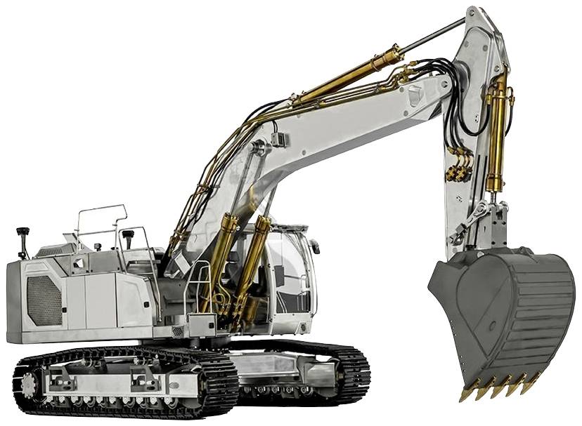 Ein großer silberner Bagger mit hydraulischem Arm und Schaufel, auf Kettenfahrwerk, steht zur Arbeit bereit.