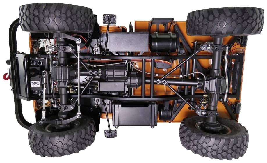 'Unterseite eines Fahrzeugs mit detaillierter Sicht auf die Federung und Reifen, orange lackierte Karosserie, technisches Design sichtbar.'