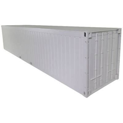 Ein leerer, grauer Frachtcontainer steht diagonal, die Türseite nach vorne zeigend.